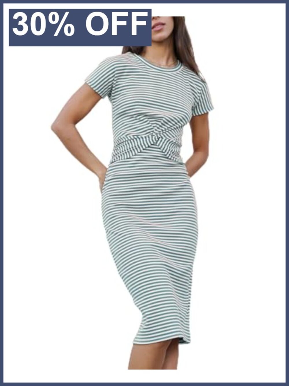 Twist Front Stripe Midi Dress Fitted Stretch Casual